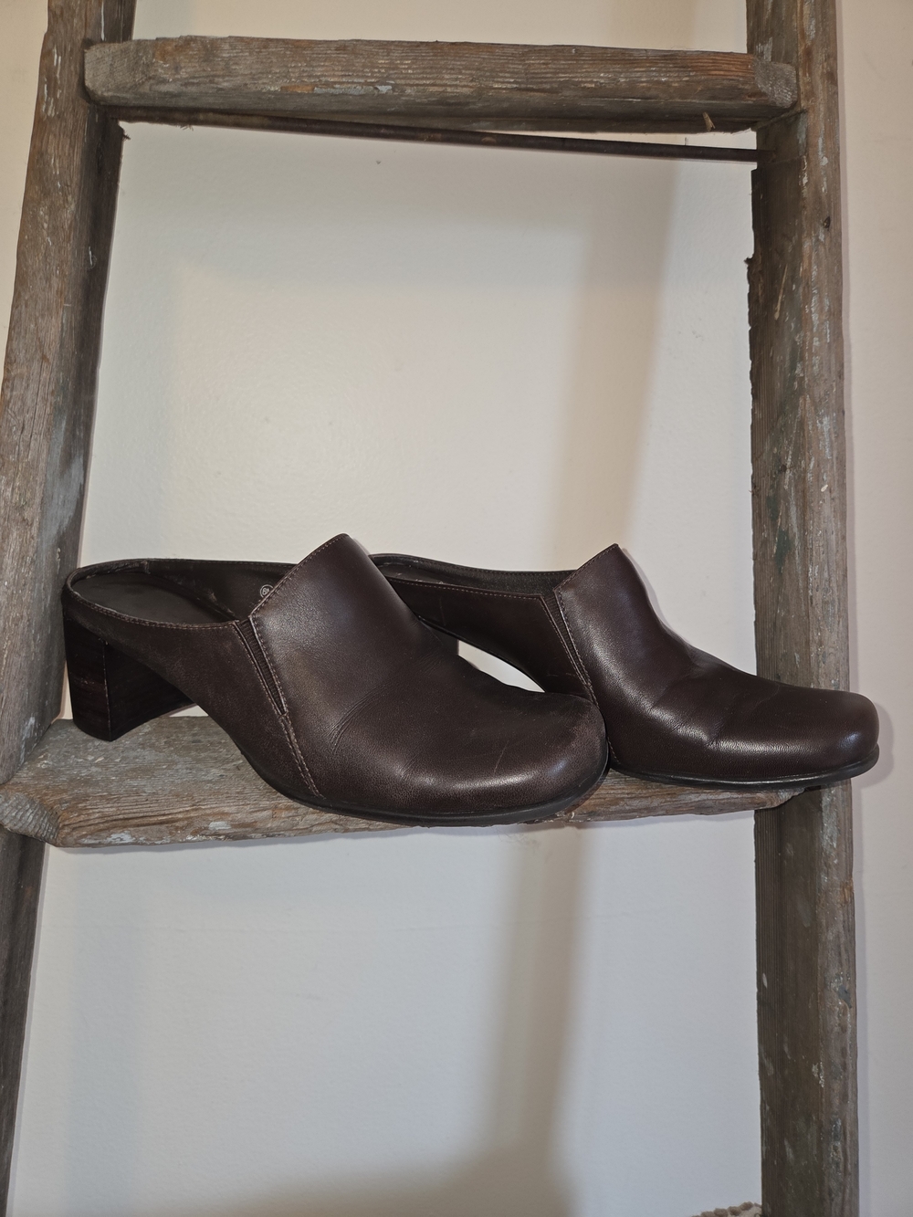 Women's Dark Brown Leather Mule Heels - Slip-On Block Heel
